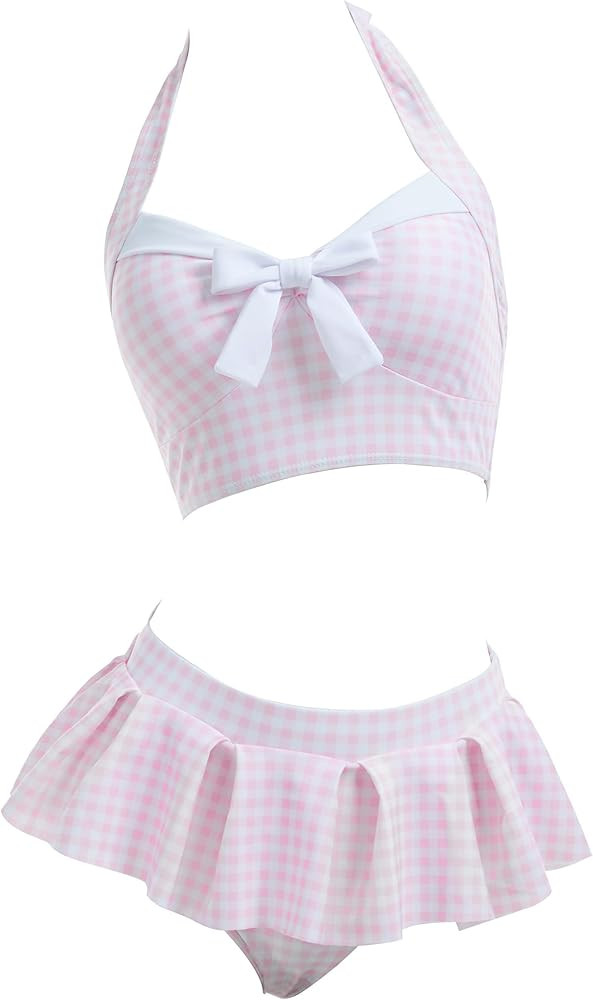 Women's Bikini Sets 50's Retro Vintage High Waist Plaid Self-Halter Bathing Suit with Headband | Amazon (US)