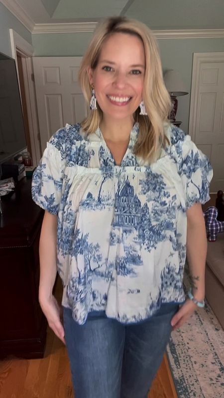 Blue willow top, blue & white top, puff sleeve top, chinoiserie jewelry 

#LTKover40 #LTKfindsunder100 #LTKfindsunder50
