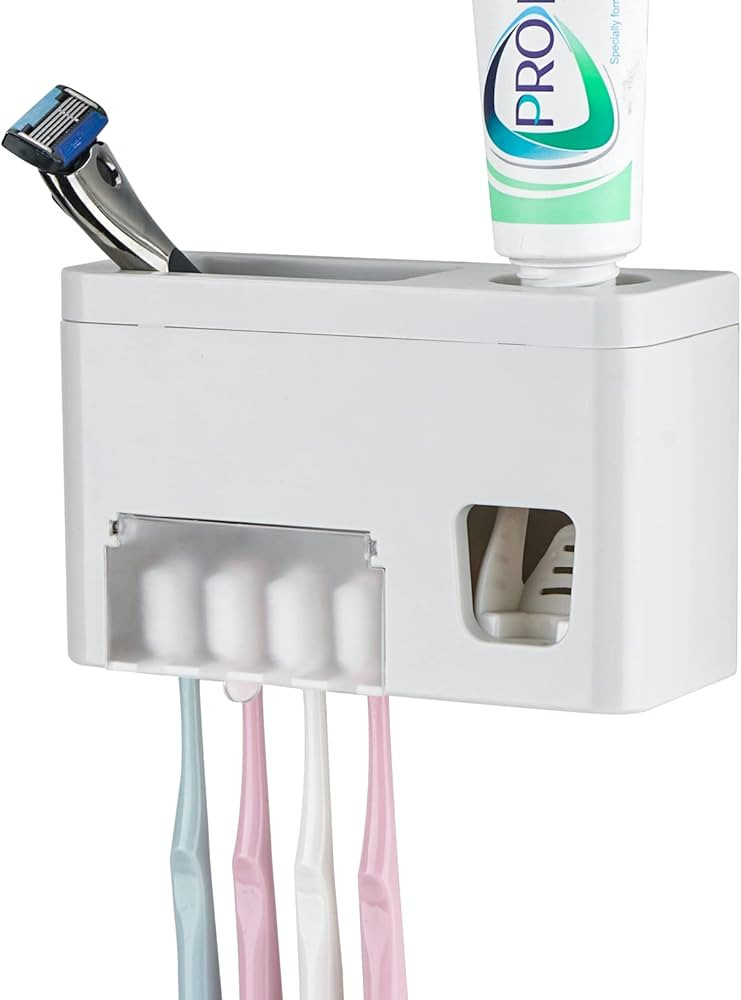 Self Adhesive Toothbrush Holders Wall Mounted, Multifunction Toothpaste Stand with Covers, Automa... | Amazon (US)