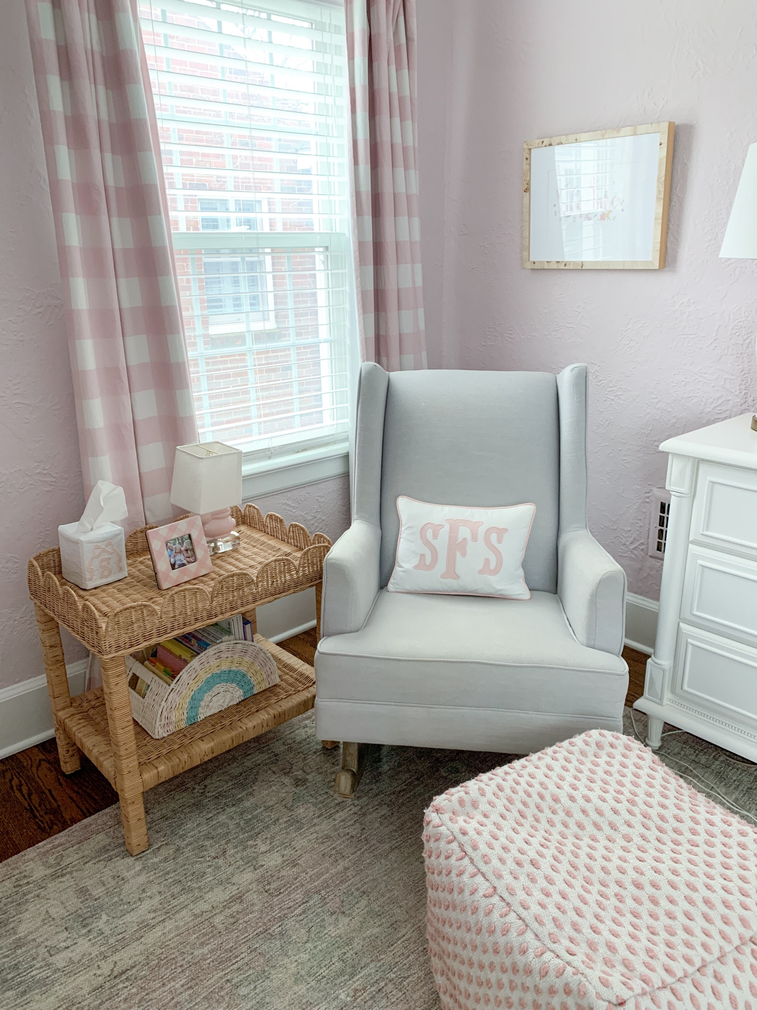 Loving this new rattan scallop side table I added to Sloane’s room- little girls room, pink nursery, gingham curtains 

#LTKkids #LTKhome