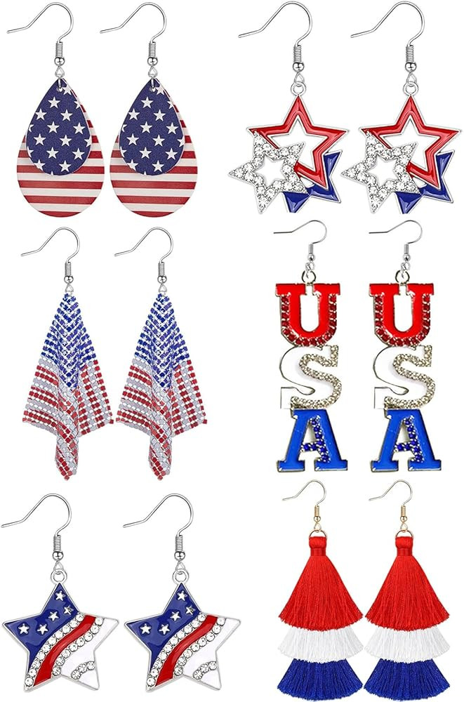 \u30106 Pairs\u3011 American Flag Earrings USA Drop Earrings 4th of July Accessories for Women Fo... | Amazon (US)