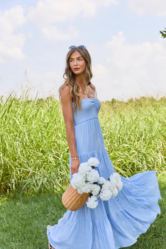 Saltwater Dreams Blue Strapless Tiered Maxi Dress | Pink Lily