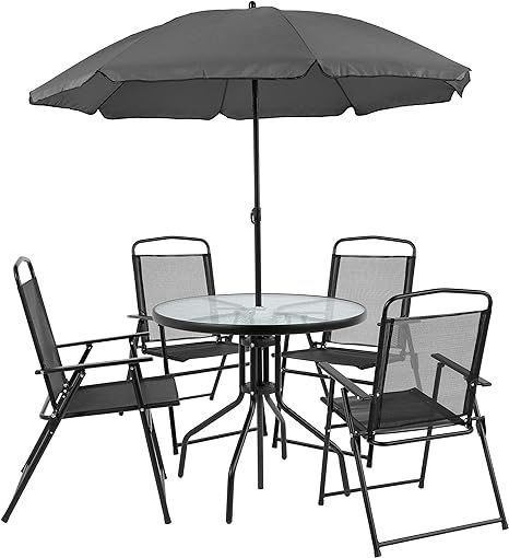 Flash Furniture Nantucket 6 Piece Patio Garden Table Set - Umbrella Table - Set of 4 Black Foldin... | Amazon (US)