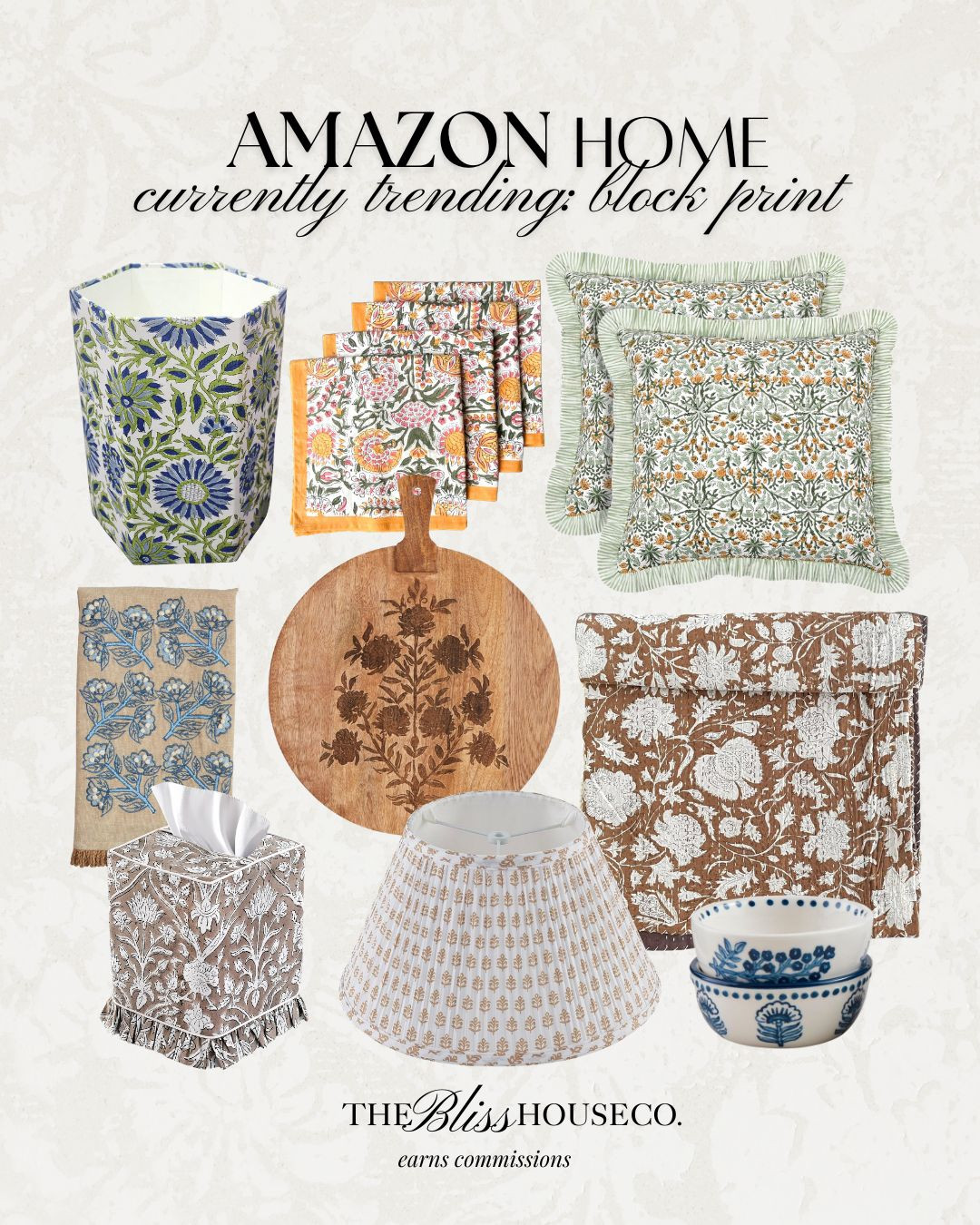 Amazon block print home decor. 🌷 Floral lampshade, patterned throw pillows, block print table linens, wood serving board, blue floral bowls, decorative tissue box cover, classic cottage style home. 

 #LTKSeasonal #LTKHome
