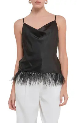Endless Rose Feather Hem Satin Camisole in White at Nordstrom Rack, Size Large | Nordstrom Rack