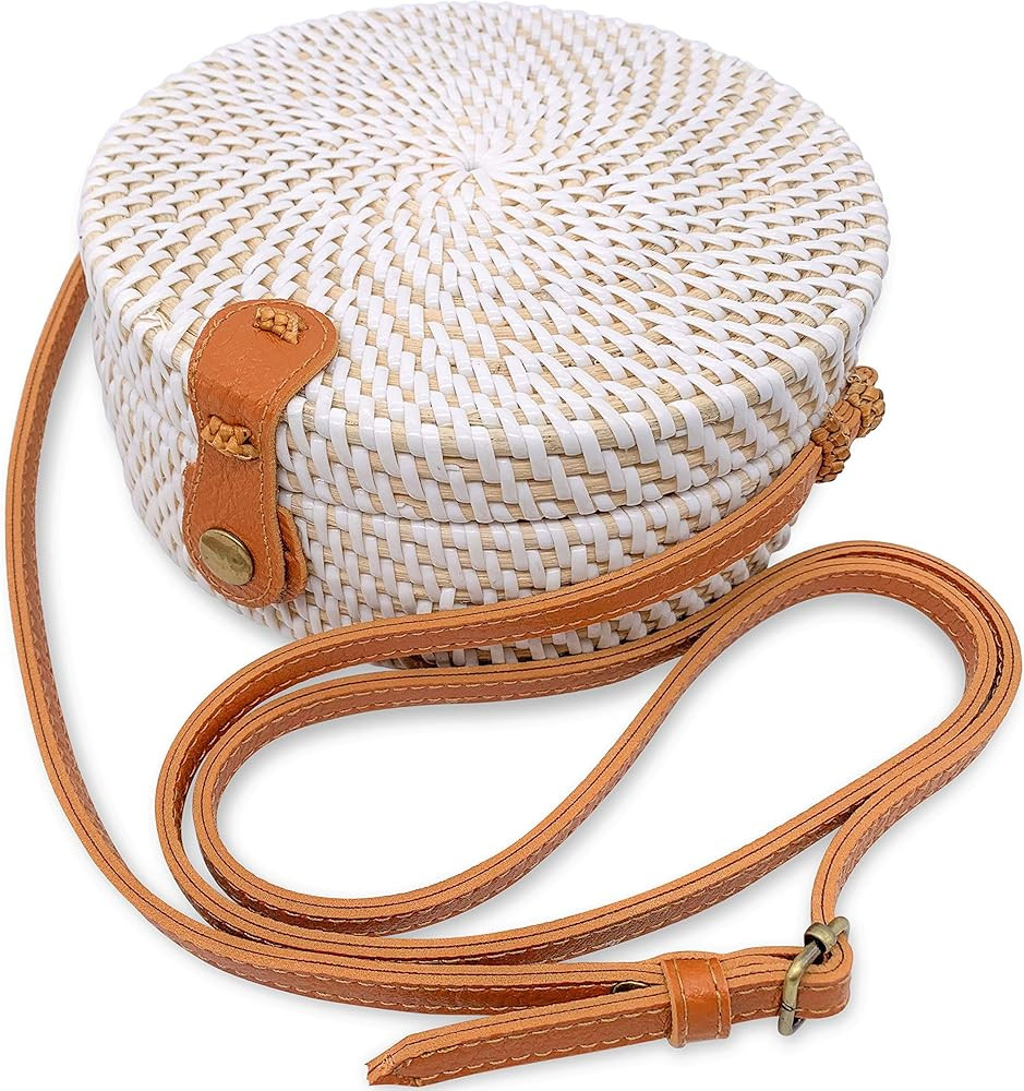 Handmade Straw White Round Rattan Bag Zipper Pouch Adjustable Strap Wicker Purse | Amazon (US)