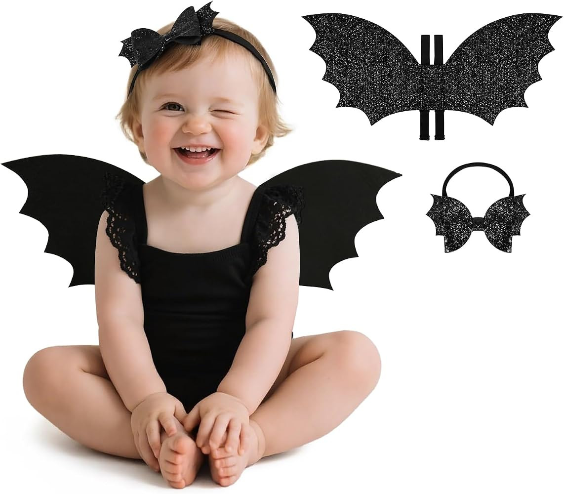 VZQI Kids Bat Wings Costume, Black Glitter Wings and Bow Headband | Amazon (US)