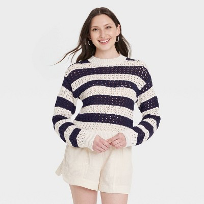 Women's Openwork Crewneck Pullover Sweater - Universal Thread™ Blue Striped S | Target