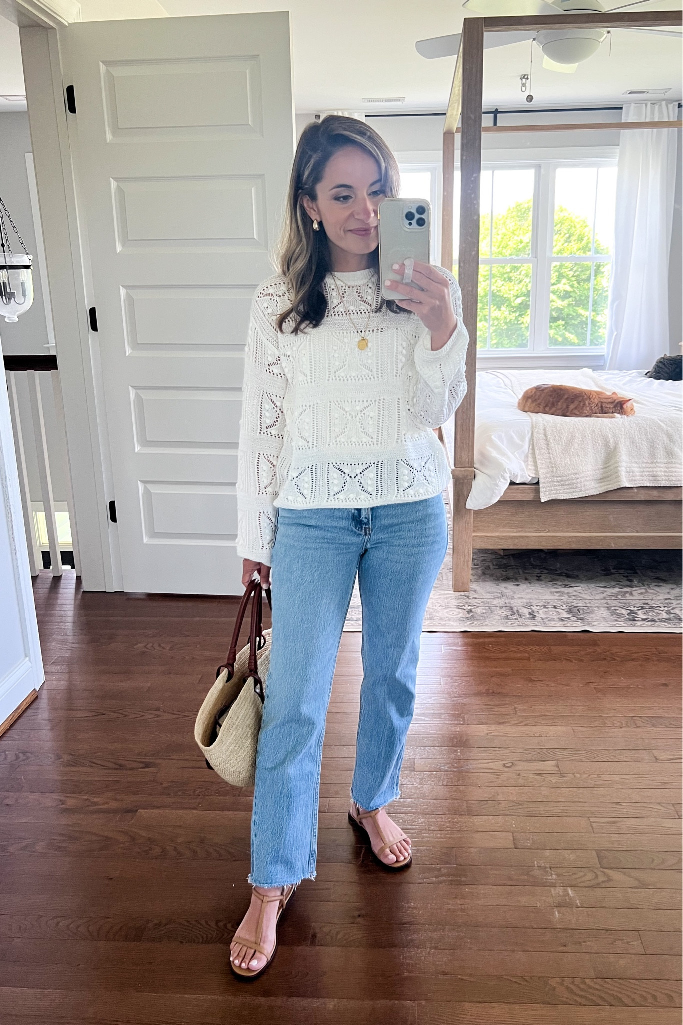 Wearing today! 

Mid rise jeans: 24 extra short - true to size with a 9” rise 
Sweater: petite xxs 
Camisole: xs 
Sandals: tts 

#LTKSeasonal #LTKStyleTip