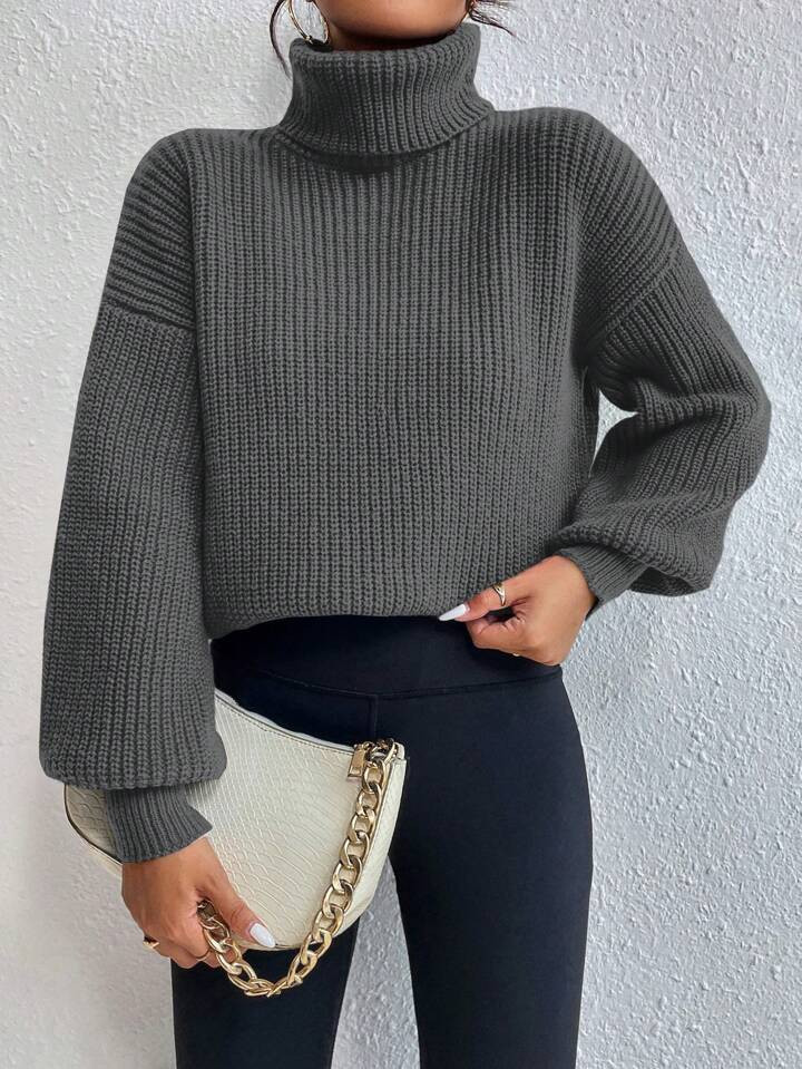 SHEIN Relaxiva Turtleneck Solid Color Drop Shoulder Loose Fit Sweater,Long Sleeve Tops | SHEIN