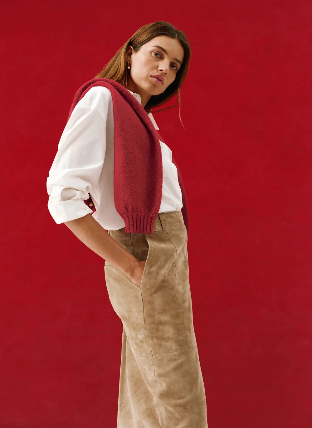 Neutral Suede Midi Skirt | Mint Velvet