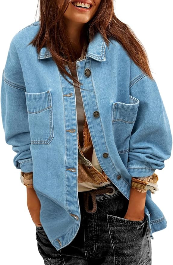 Sidefeel Women's Jean Jacket Oversized Boyfriend Button Up Long Sleeve Split Zimbaplatinum Denim ... | Amazon (US)