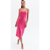 Bright Pink Satin Cowl Neck Midi Slip Dress New Look | New Look (UK)