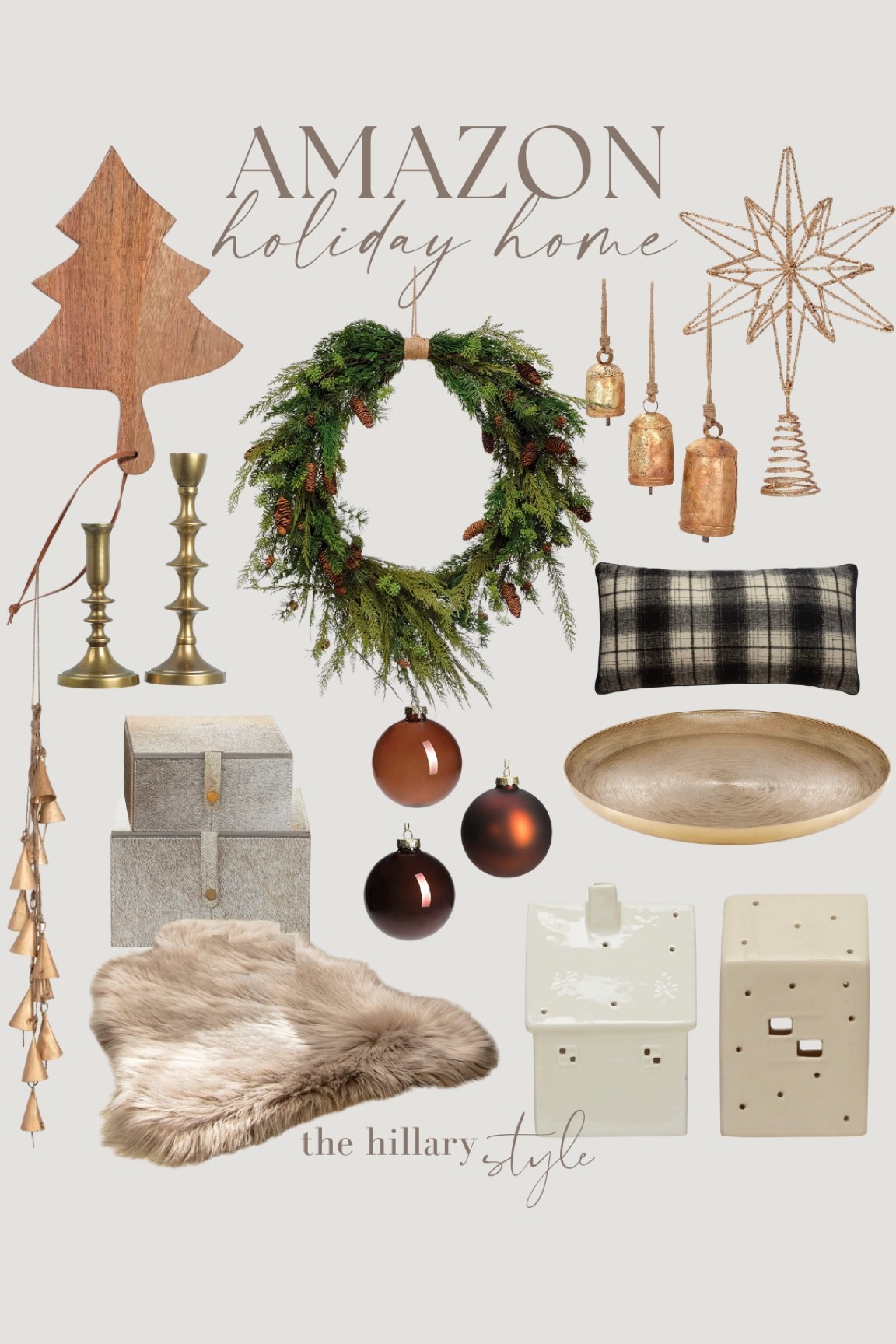 Amazon holiday home!

Tree cheese board. Wreath. Bells. Tree topper. Boxes. Candle holders. Throw pillow. Tray. Village houses. Fur throw. Amazon home. Amazon decor. #founditonamazon 

#LTKstyletip #LTKhome #LTKsalealert