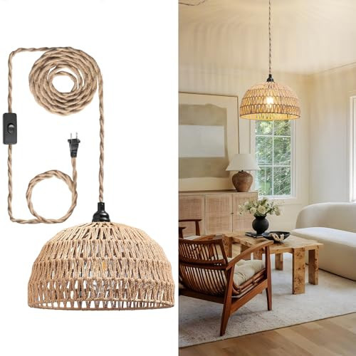 Rattan Hanging Lamp,Boho Pendant Lights,Plug in Cord Hanging Rattan Light,Plug Into Wall Outlet Pendant Light Fixture On/Off Switch for Living,Dinner Room,Bedroom,Kitchen,for E26,without Bulb | Amazon (US)