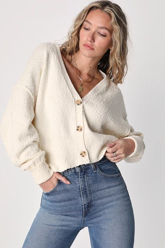 Found My Friend Cream Knit Balloon Sleeve Cardigan Sweater | Lulus (US)