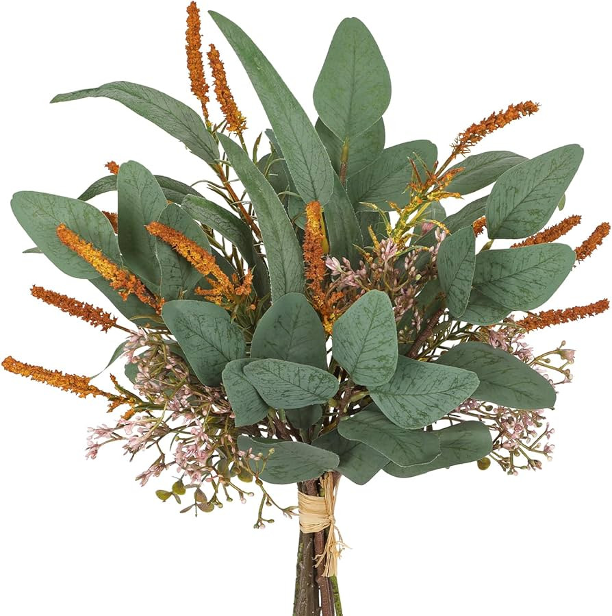 Fall Artificial Eucalyptus Bouquet with Orange Sage Leaves \u2013 Autumn Faux Greenery Bush with ... | Amazon (US)