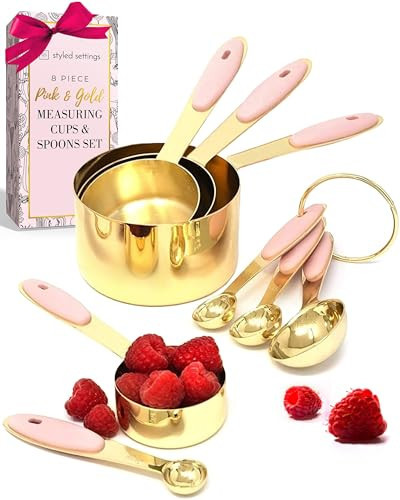Gold and Pink Measuring Cups and Spoons Set – 8-Piece Sturdy Stainless Steel Gold Measuring Tools with Silicone Handles – Cute Pink Kitchen Accessories and Decor for Baking and Cooking | Amazon (US)