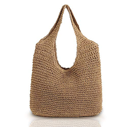 QTKJ Hand-woven Soft Large Straw Shoulder Bag Boho Straw Handle Tote Retro Summer Beach Bag Rattan Handbag (Khaki) | Amazon (US)