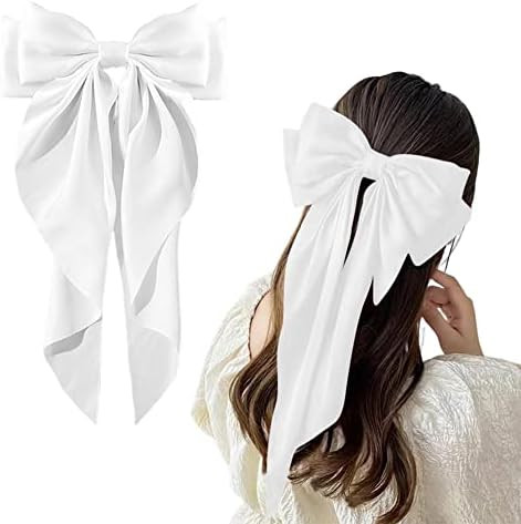 Large Hair Bow Clips for Women Girls Silky Satin Hair Barrette with Long Ribbon Tail White Hair B... | Amazon (CA)