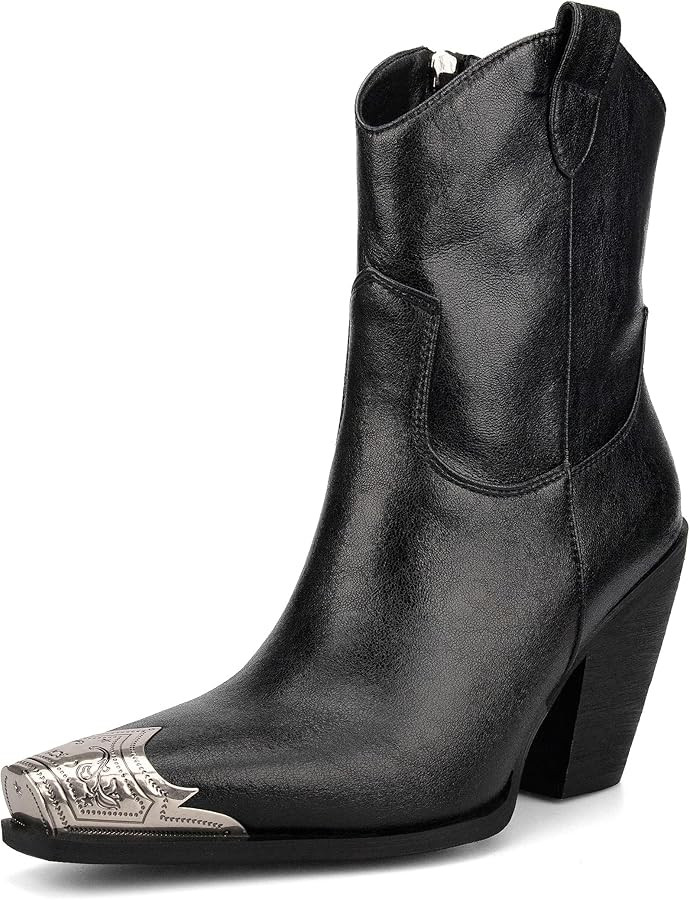 Cowboy Ankle Boots for Women Engraved Steel Toe Cowgirl Boots Stacked Block Heels Short Cowboy Bo... | Amazon (US)
