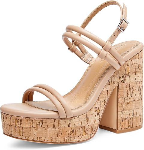Coutgo Womens Cork Wedge Sandals Heels Open Toe High Heel Platform Slingback Ankle Strap Buckle Summer Dressy Shoes | Amazon (US)