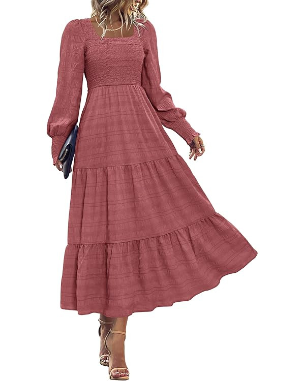 KIRUNDO Women Fall Wedding Guest Dress Elegant Puff Long Sleeve Smocked Empire Waist Swing Flowy ... | Amazon (US)