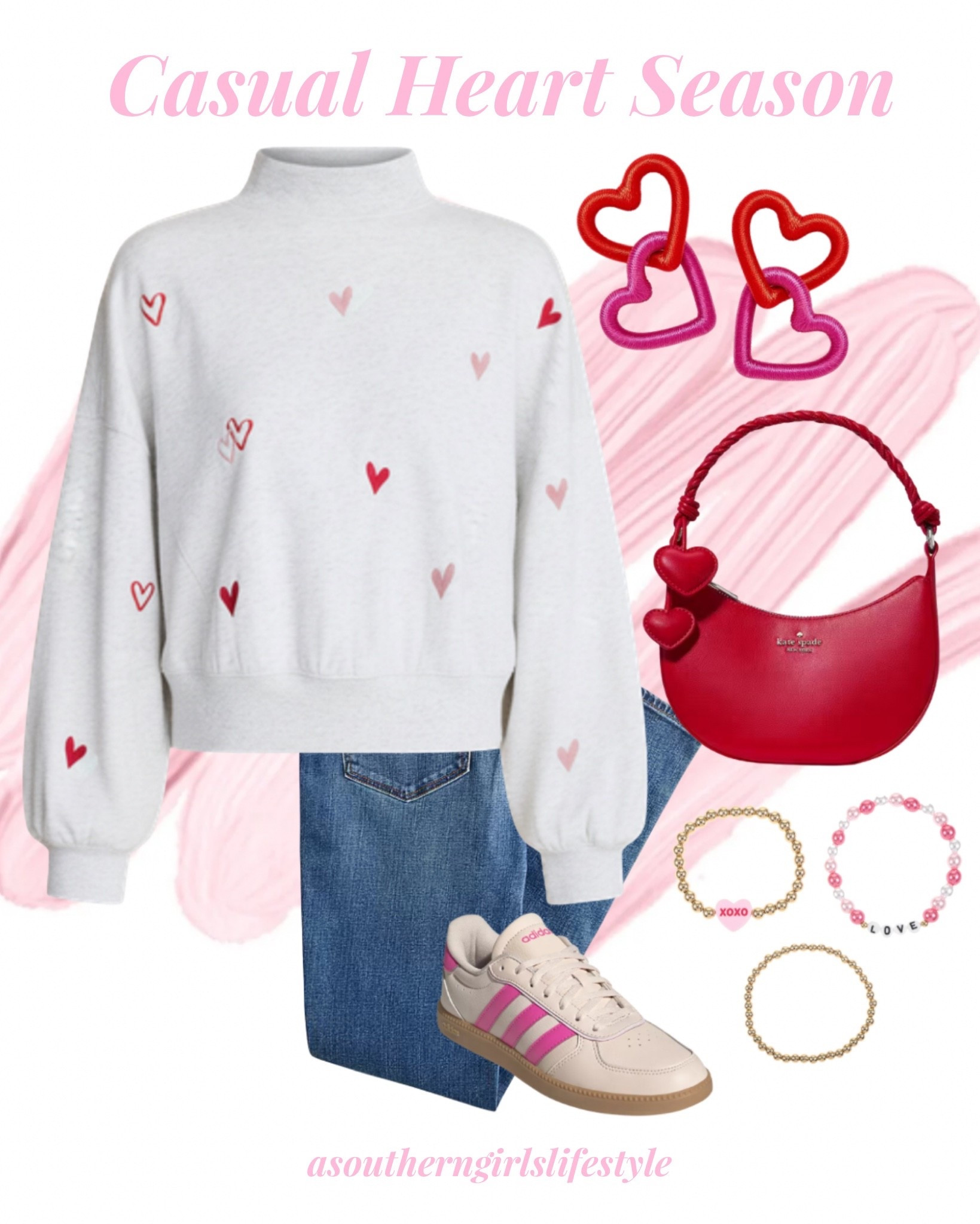 Casual Comfy Cute Heart Season! Everything is on Sale except the jewelry

Cozy Heart Mock Neck Sweatshirt, Jeans, Heart Earrings, Red Purse with Heart Charms, Bracelets & Adidas Sneakers

Valentine’s Day. Winter Outfit  

#LTKSaleAlert #LTKSeasonal #LTKPetite