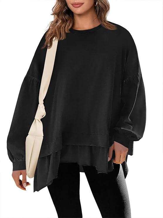 Tankaneo Womens Oversized Tops Peplum Puff Long Sleeve Shirts Trendy Casual Loose Fit Crew Neck T... | Amazon (US)