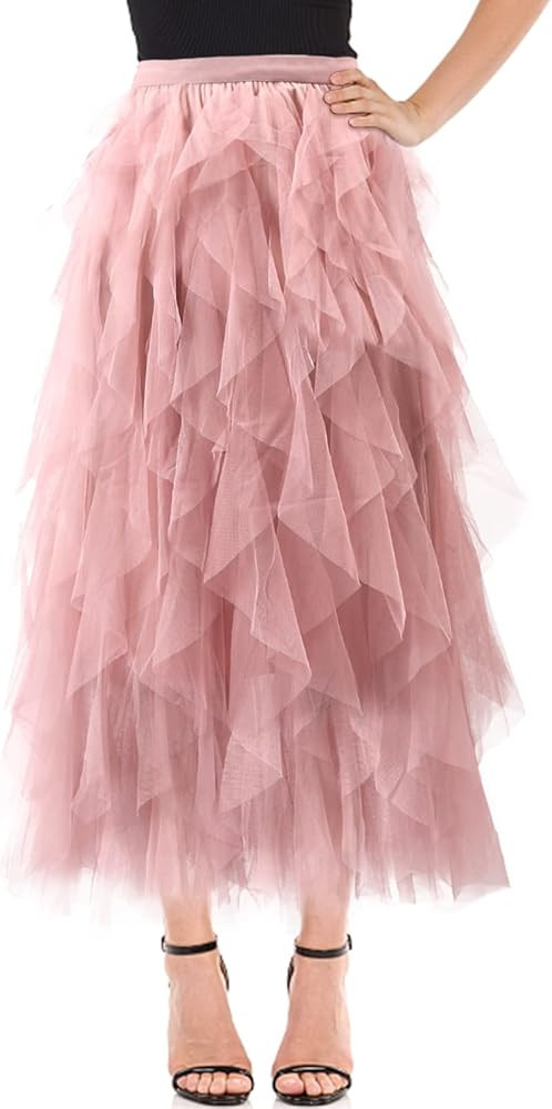 Women's Tulle Skirt A-Line High Low Asymmetrical 3 Layered Midi Length Elastic Waist Tutu Skirts | Amazon (US)