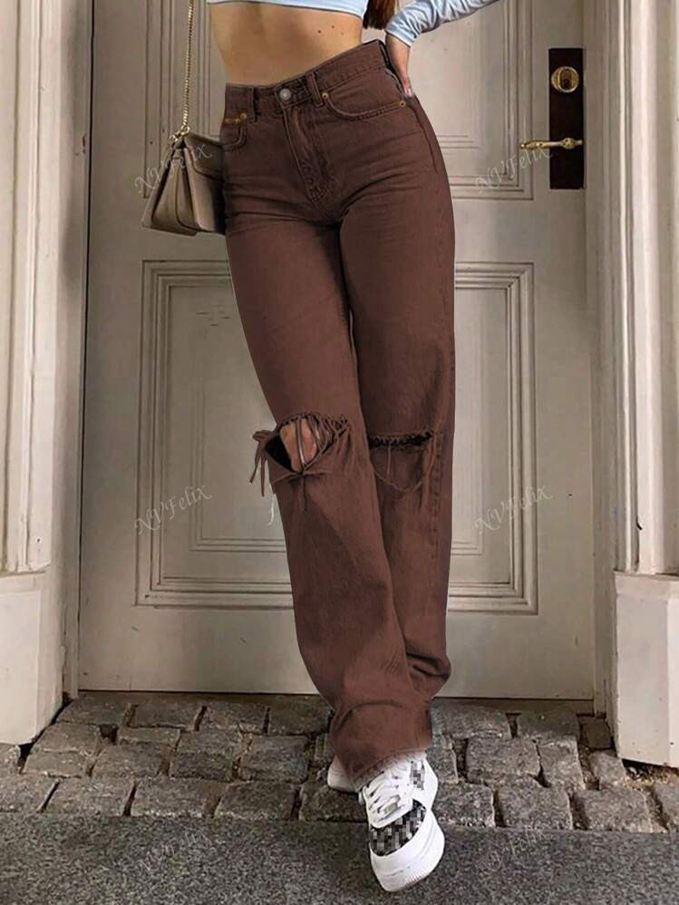 NVFelix 2025 Summer New Fashion Ripped Pocket Straight-Leg Jeans | SHEIN