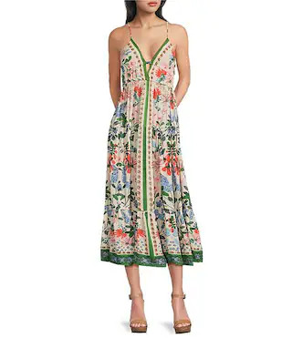 Floral Border Printed Spaghetti Strap V-Neck Peek A Boo Tiered Maxi Dress | Dillard's