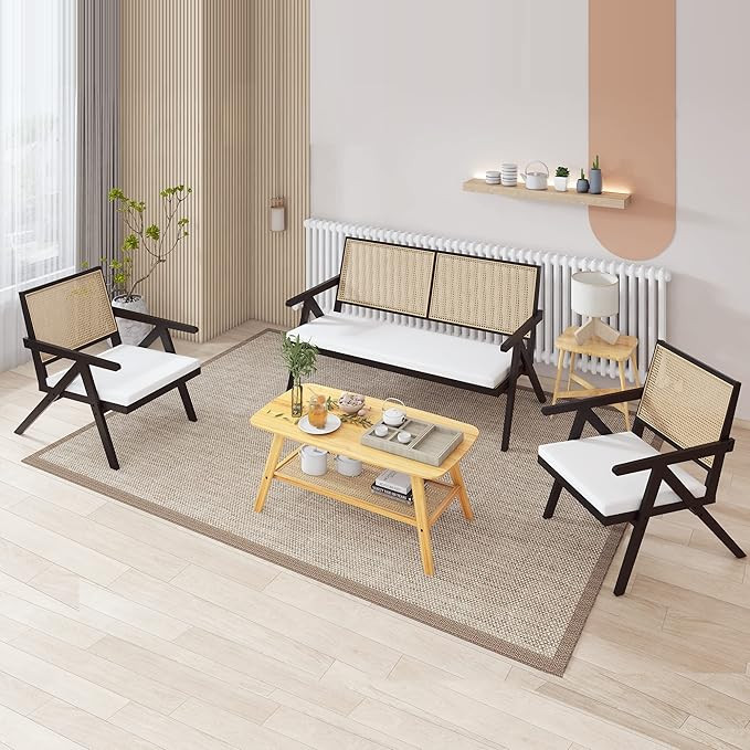 QEIUZON Mid-Century Accent Chair, Wood Bench Loveseat Chair with Rattan Backrest and Removable Cu... | Amazon (US)