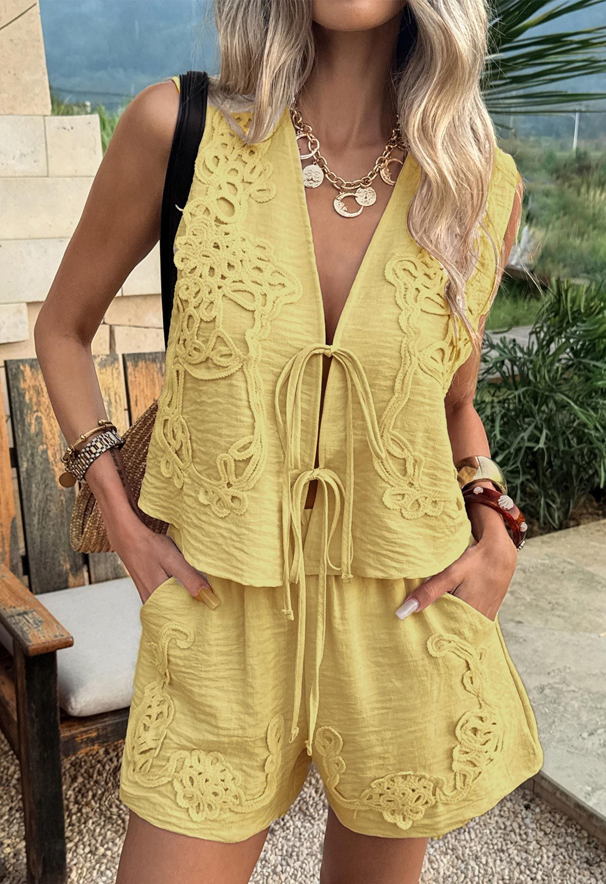 Tapework Lace Tie-Front Sleeveless Top and Shorts Set in Yellow for Beach Getaways & Casual Brunc... | Chicwish