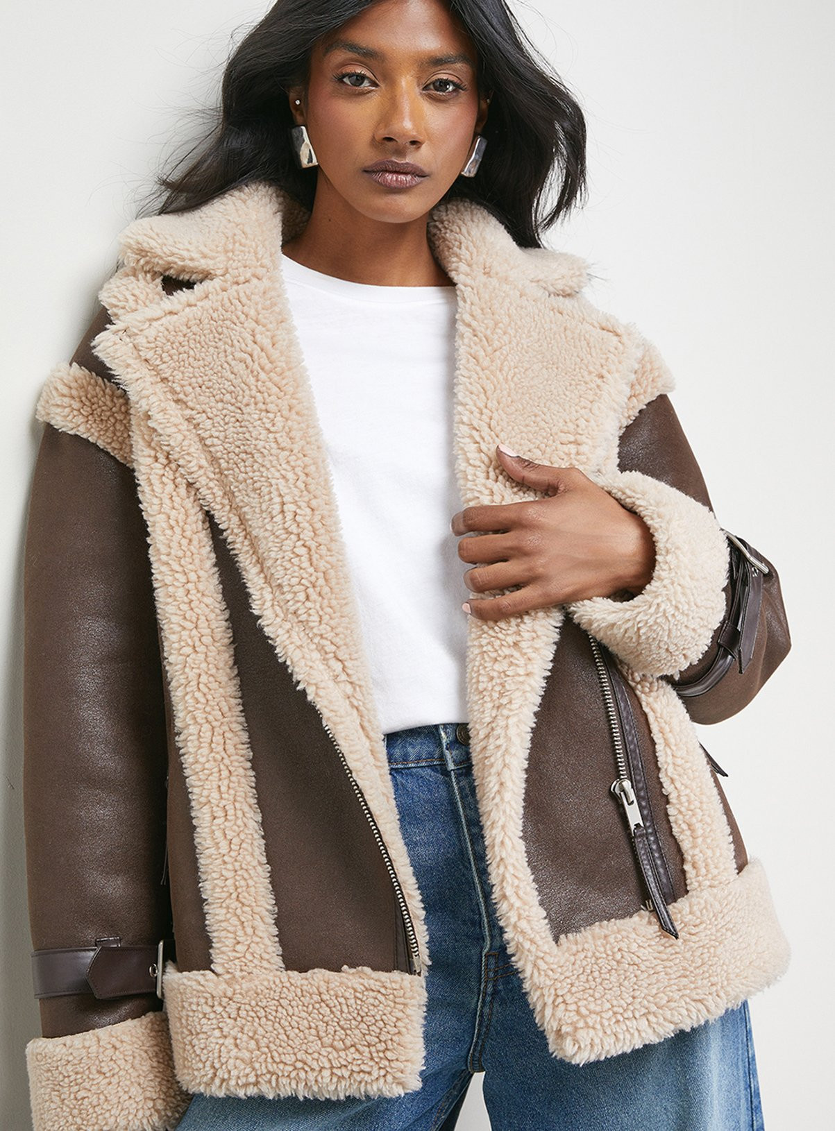 Brown WAREHOUSE Wool Lined Shearling Biker Jacket | Tu Clothing