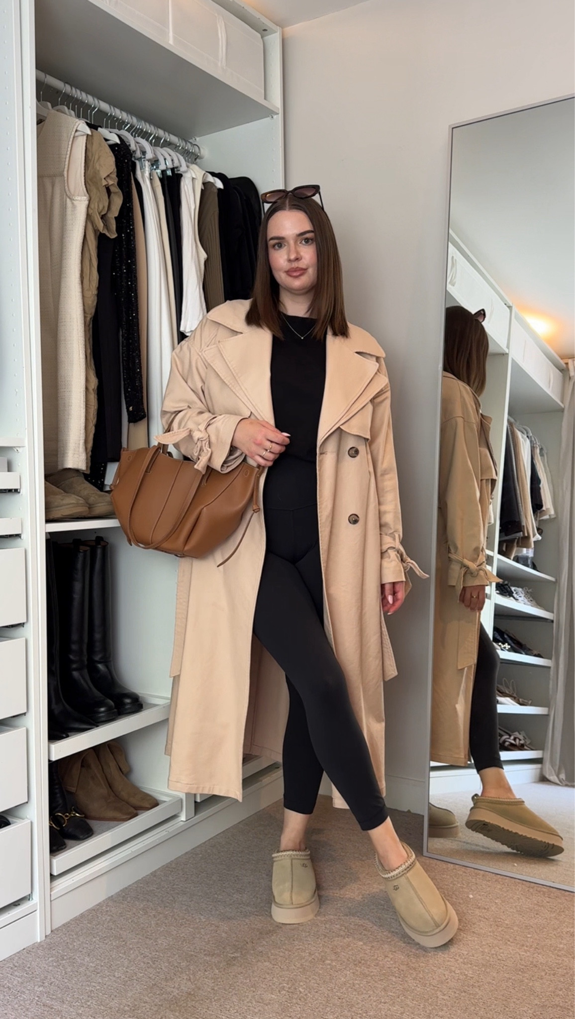 Ugg Tazz mustard seed, cos black clean cut t shirt, Lululemon align leggings black 25”, Polene Paris tan cyme mini handbag, long trench coat 

#LTKuk #LTKautumn #LTKstyletip