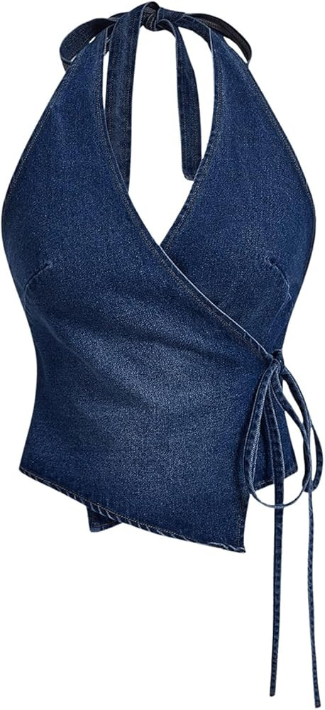 SHENHE Women's Halter Neck Denim Wrap Top Side Tie Backless Vintage Jean Top Shirt | Amazon (US)