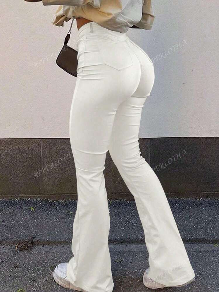 Apperloth A High Waist Stretchy Slant Pockets White PU Leather Flare Leg Business Causal Pants Punk Music Festival | SHEIN