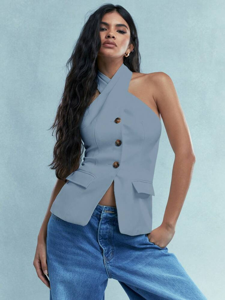 MISSGUIDED Buttoned Cross Halter Neck Backless Tank Top With Pockets | SHEIN