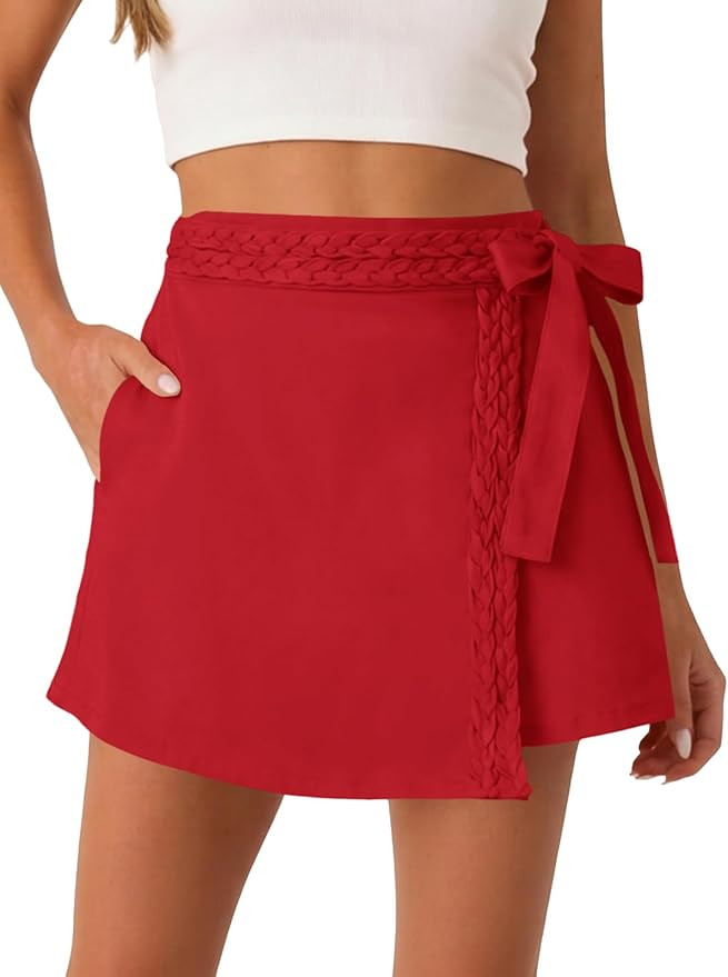 Tankaneo Womens Wrap Mini Skirt Skort Summer Casual Braided High Waisted Bow Tie Skirt Shorts wit... | Amazon (US)