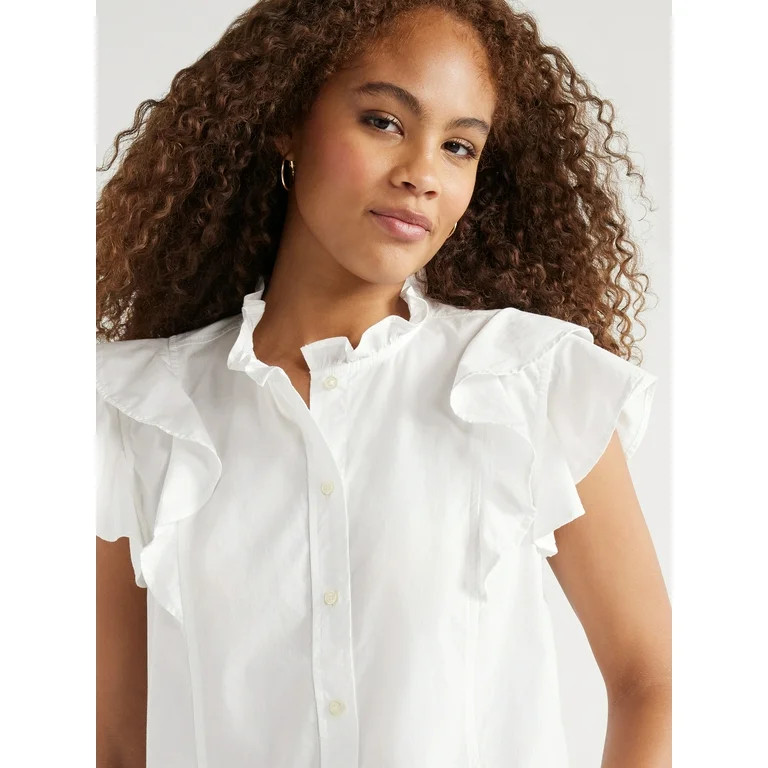 Free Assembly Women’s Cotton Ruffle Shirt with Short Sleeves, Sizes XS-XXL - Walmart.com | Walmart (US)
