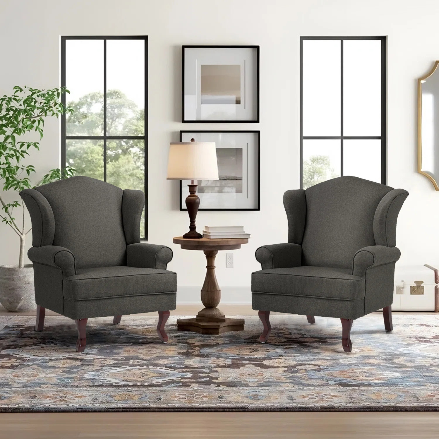 Duward Dark Gray Linen Upholstered Wingback Accent Chair with Rolled Arm and Solid Wood Leg (Set ... | Wayfair North America