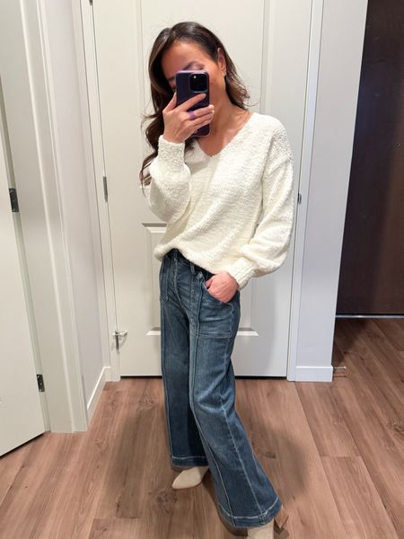 So soft v-neck sweater! Wearing TTS XS. I’m on the fence for the trouser jeans, but they are comfy! Thoughts, keep or return? Wearing TTS 0 in the denim. 

Winter outfits, work outfitts

#LTKover40 #LTKstyletip #LTKworkwear
