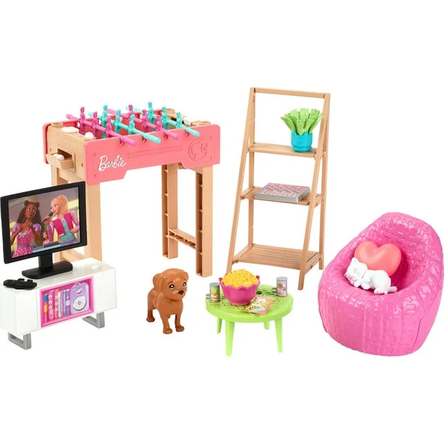 Barbie World Game Room Set with 19 Dollhouse Accessories Including Furniture, Foosball Table & Pe... | Walmart (US)