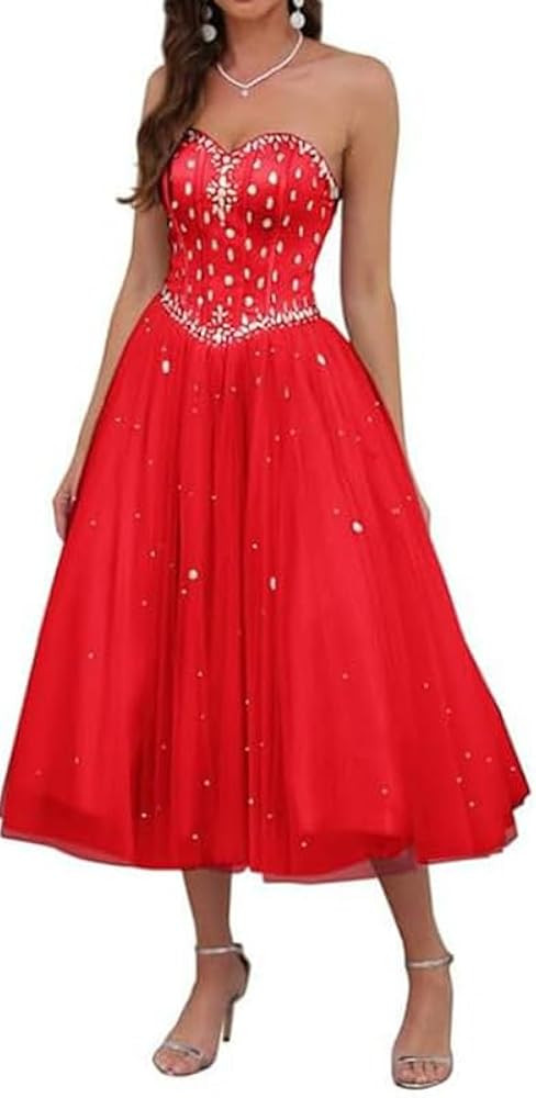 Women's Strapless Tea Length Prom Dress, Tulle Ball Gown with Crystal Beading, Corset Back, Sweet... | Amazon (US)