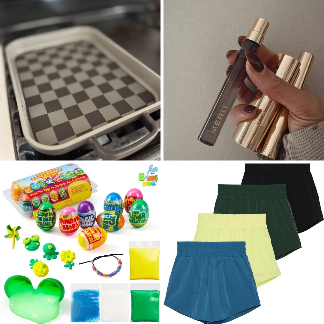 recent faves i’m obsessed with: 

our place mini griddle pan + mini oven mats: this quarter-sized nonstick wonder doubles as a sheet pan and griddle. perfect for those nights when you don’t want to dirty a big pan!
merit’s new retrospect parfum: this lil bottle is my new go-to scent. it’s like a little luxury that evolves throughout the day. 
high-waisted running shorts 4-pack: these quick-dry shorts are a steal at under $40 for the set. they come in tons of colors and have a built-in liner. my new workout staple for sure.
easter science experiment eggs: these speak for themselves!