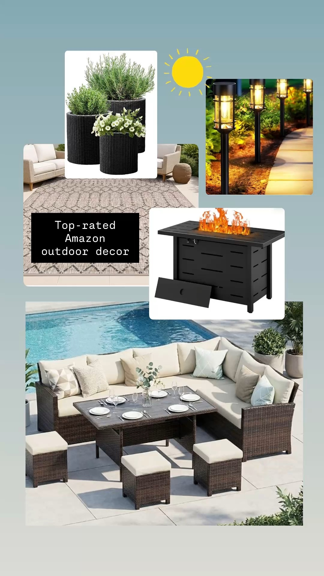 Amazon top selling outdoor decor- #firepit #outdoorfurniture #wickerplanters #solarlights #outdoorrug 

#LTKHome #LTKSeasonal