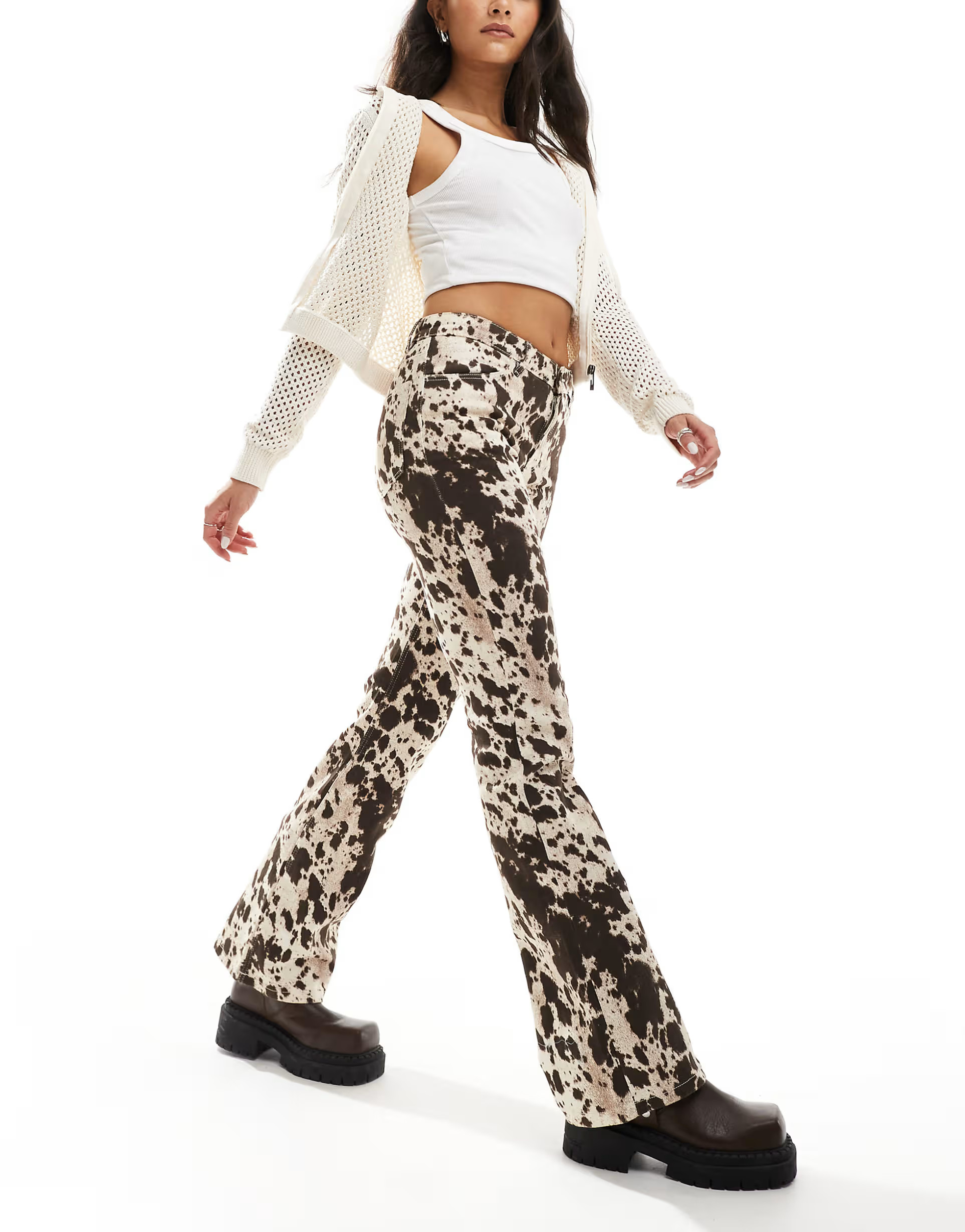 Monki regular fit flare cotton pants in brown cow print | ASOS (Global)