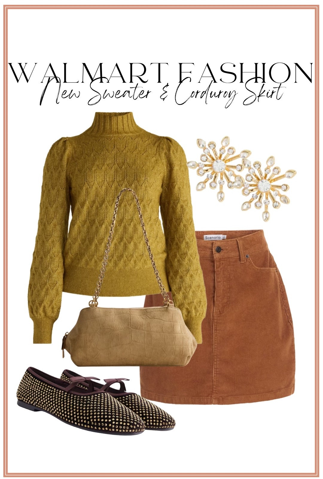 The prettiest Walmart fashion combo for fall! 🍂 This new cable knit turtleneck sweater paired with a corduroy mini skirt is such a cute way to mix rich fall colors and textures. Add embellished flats, a neutral handbag + statement earrings for an easy elevated fall outfit! Walmart’s new fashion arrivals are SO good right now. 🤎✨

#walmartfashion #walmartfinds #walmartstyle #walmartfashionfinds #fallfashion #falloutfit #affordablefashion #corduroyskirt #sweaterweather #walmartnewarrivals