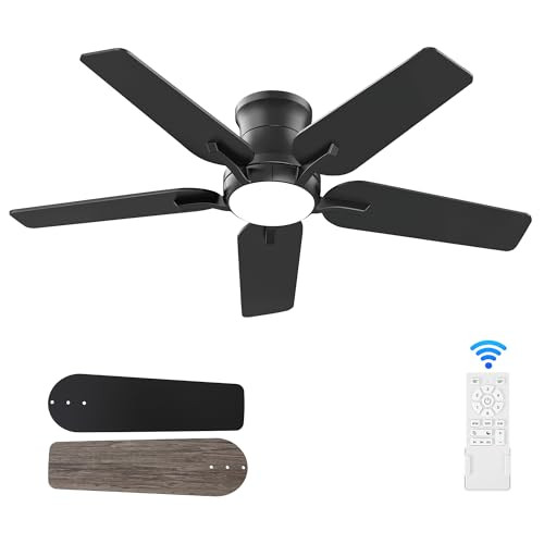 POCHFAN 42 Inch Black Ceiling Fans With Lights and Remote, Flush Mount Low Profile Ceiling Fan for Bedroom, Living Room, Patio, Dimmable 6 Speeds Noiseless Reversible | Amazon (US)